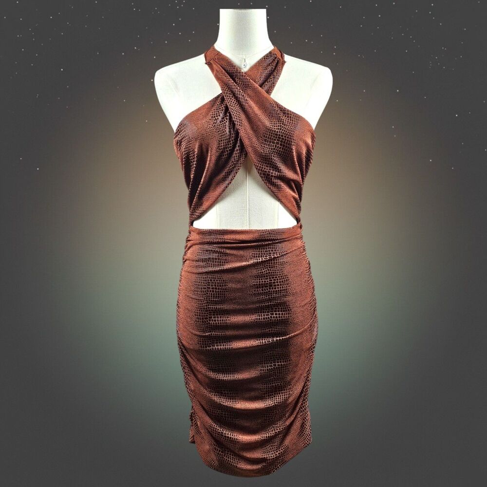 Windsor Copper Snakeskin Halter Cutout Ruched Bodycon Mini Dress Brown Medium